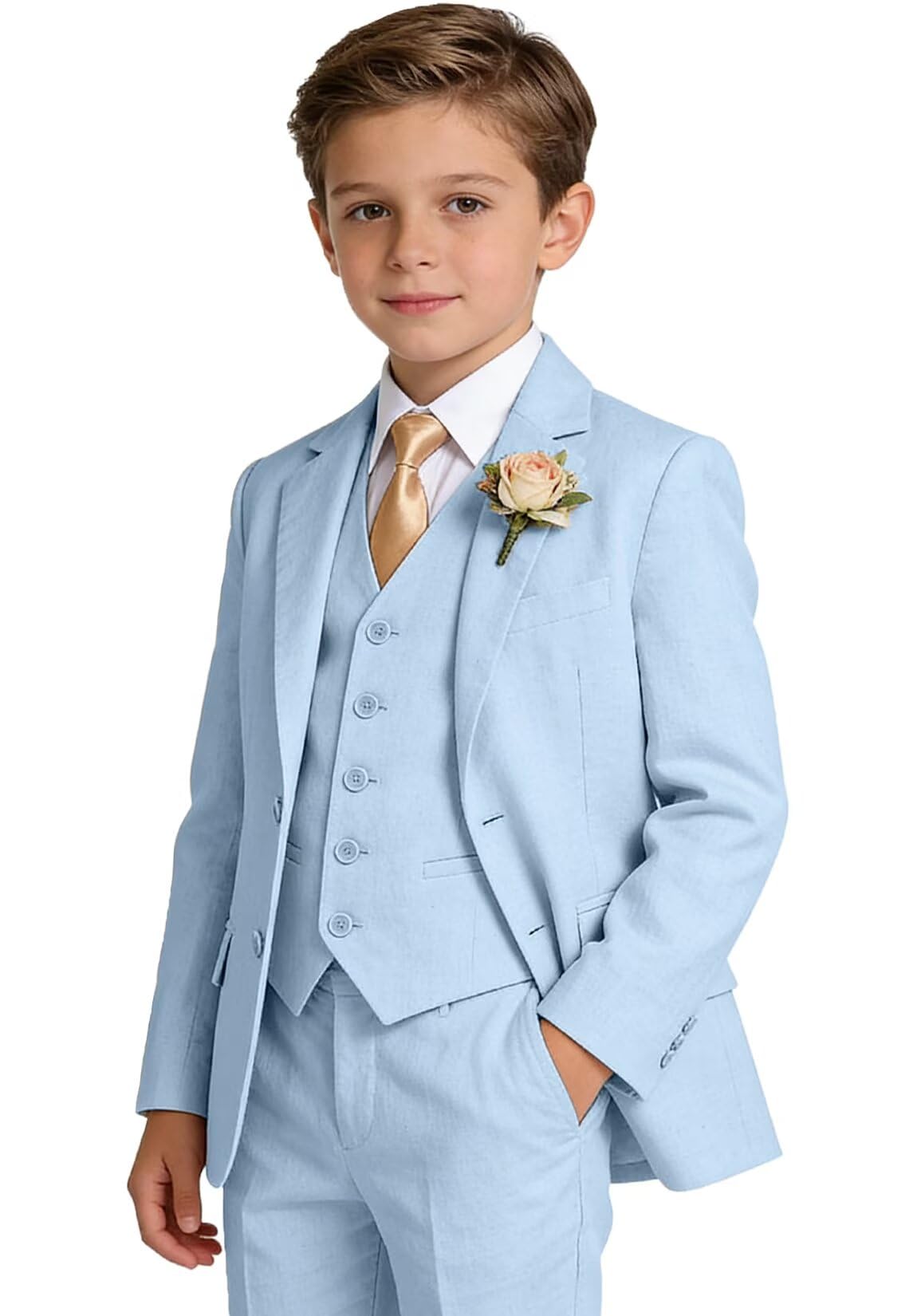 Boys Linen Suit Formal 3 Piece Toddler Tuxedo for Summer Beach Wedding Outfit Slim Fit Kids Suits Jacket Vest Pants