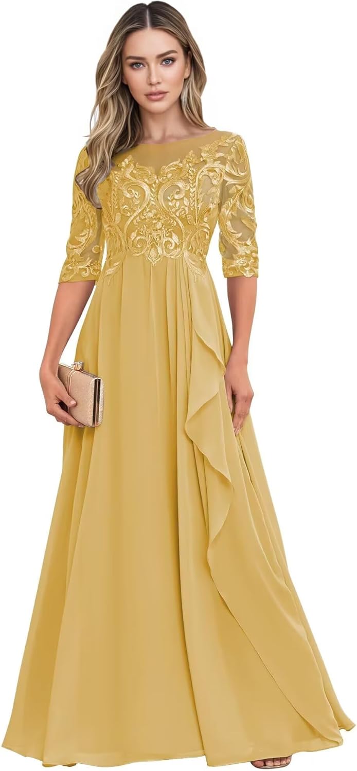 Long Mother of The Bride Dresses for Wedding Guest Half Sleeves Ruffle A Line Evening Party Gown HX012