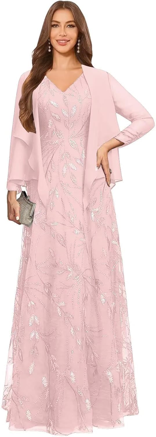 2 Piece Sequin Lace Mother of The Bride Dresses for Women with Jacket V Neck Long Formal Dresses Evening Gown