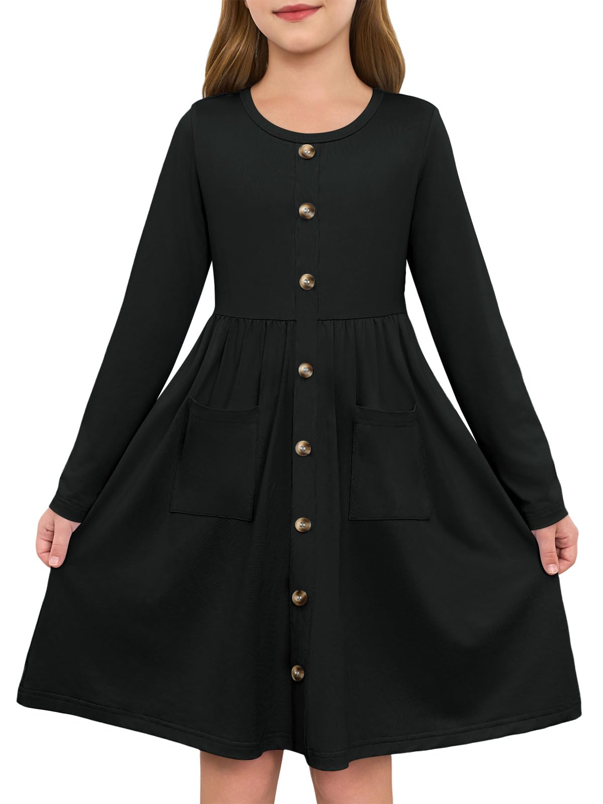 Girls Dresses Kids Button Down Midi Long Sleeve Casual A Line Dress with Pockets 4-14 Years