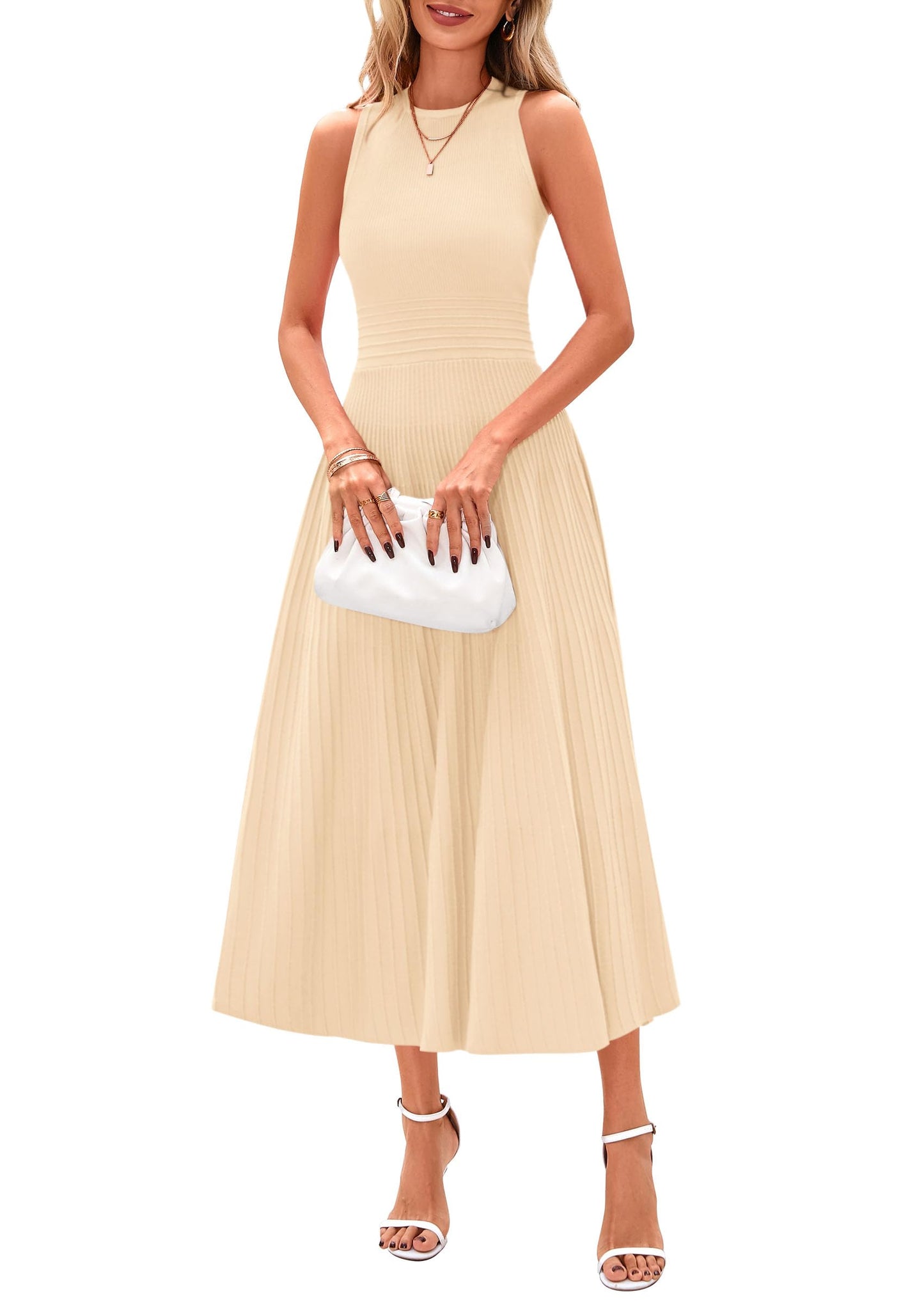 PRETTYGARDEN Spring Casual Dresses for Women 2026 Summer Business Work Midi Sleeveless A Line Pleated Cocktail Dress