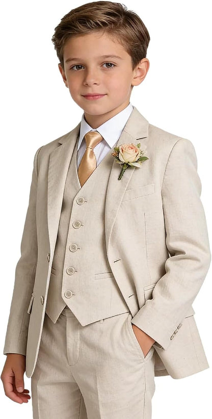 Boys Linen Suit Formal 3 Piece Toddler Tuxedo for Summer Beach Wedding Outfit Slim Fit Kids Suits Jacket Vest Pants
