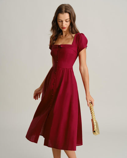 RIHOAS Elegant Casual Dresses for Women Short Sleeve Puff Square Neck A-Line Midi Dress