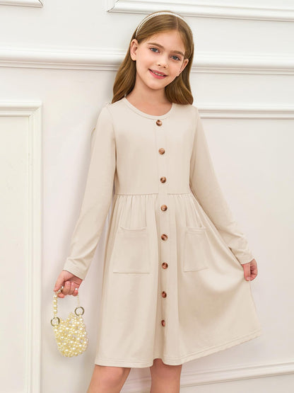 Girls Dresses Kids Button Down Midi Long Sleeve Casual A Line Dress with Pockets 4-14 Years
