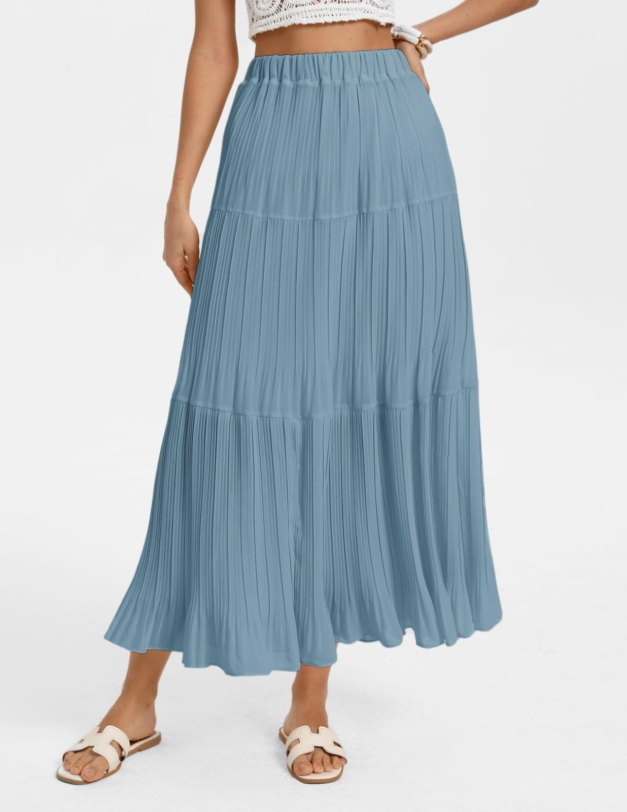 Kate Kasin 2026 Women's Chiffon Maxi Skirt, High Waist Pleated Skirts, Summer Flowy Long Skirts with Underskirt