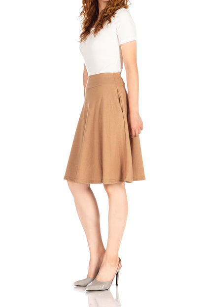 Dani's Choice High-Waisted Cotton Blend Skirt with Pockets - Knee Length A-line Flare for Business and Casual Wear
