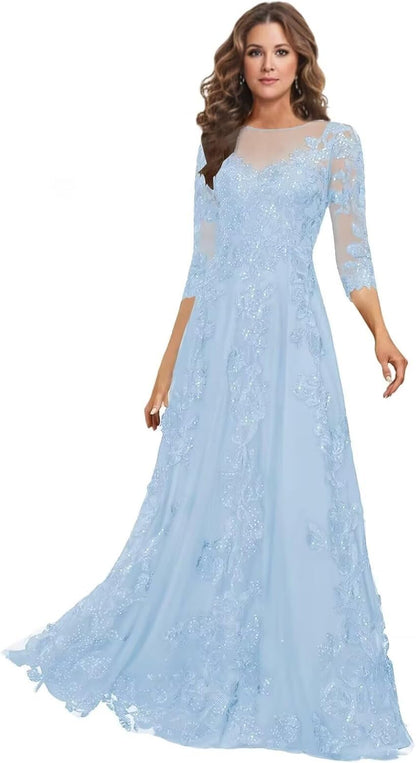 Lace Mother of the Bride Dress Long for Wedding Party Guest 3/4 Sleeves Formal Evening Gown JH028