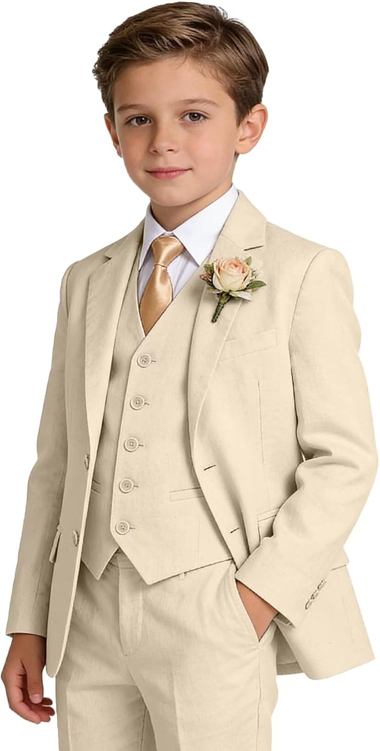 Boys Linen Suit Formal 3 Piece Toddler Tuxedo for Summer Beach Wedding Outfit Slim Fit Kids Suits Jacket Vest Pants