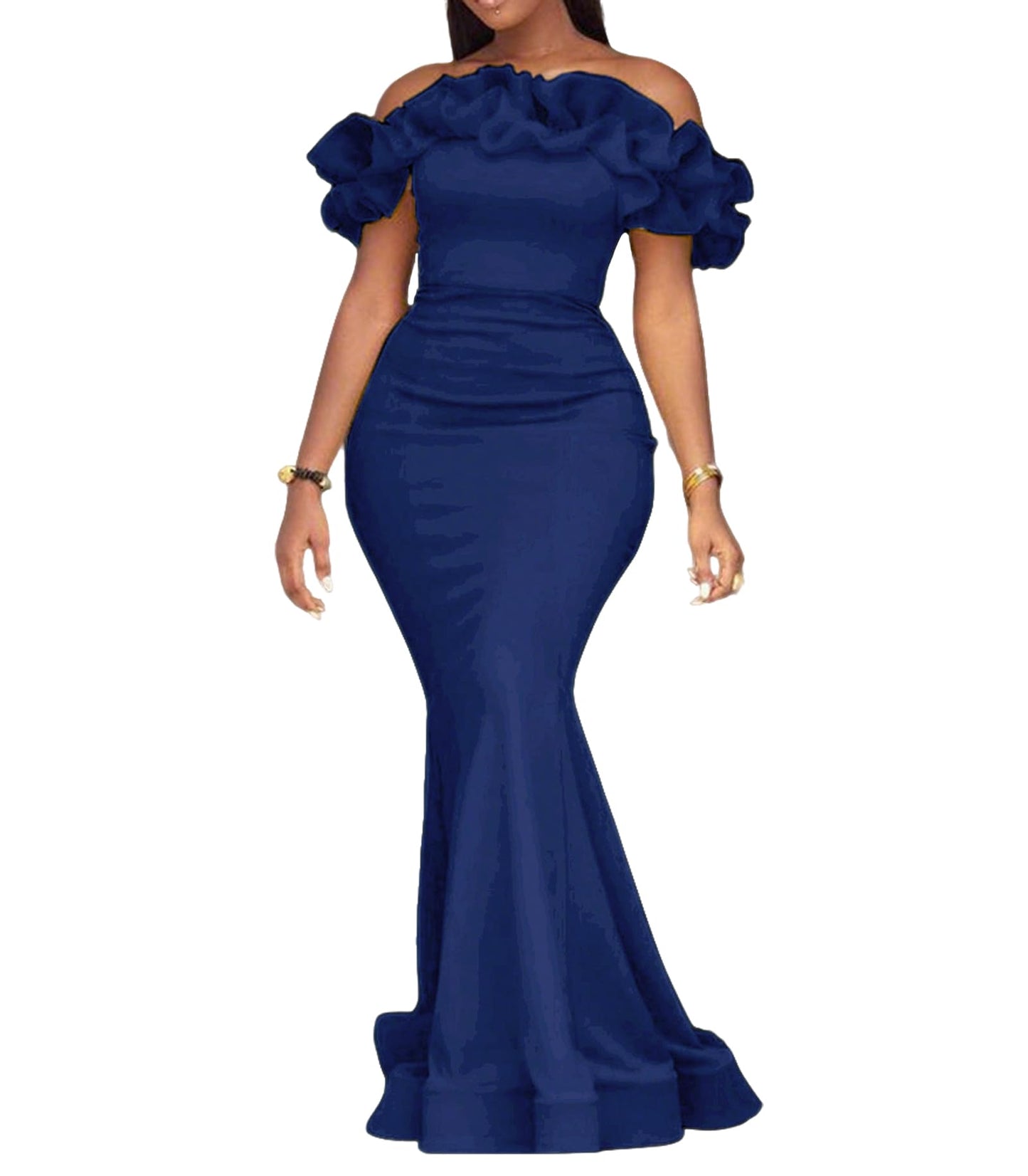 Cololura Sexy Floor-Length Off Shoulder Ruffles Stringy Selvedge Mermaid Bodycon Party Evening Maxi Dress