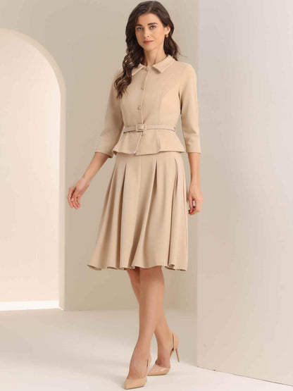 Allegra K Business Skirt Suit Sets for Women's 2 Piece Outfits Office 3/4 Sleeve Blazer Jacket Pleated Skirts