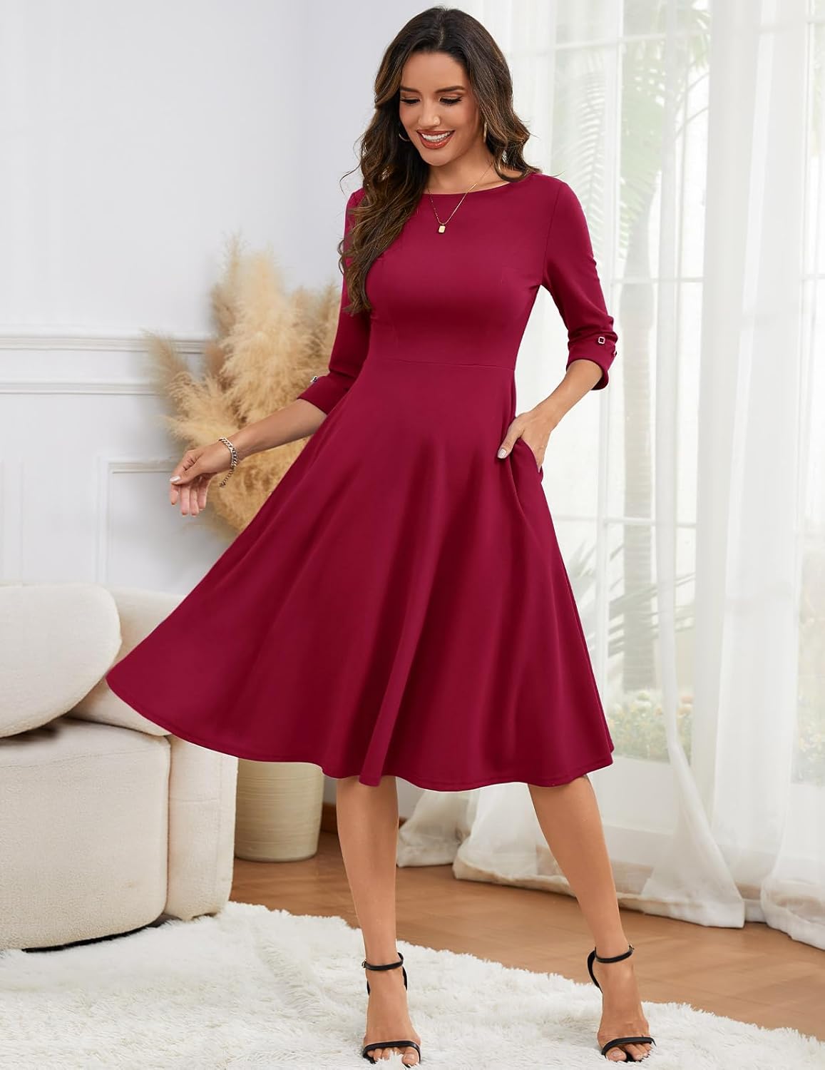 HomRain Women's Fit and Flare Midi Dress-3/4 Sleeve Modest Church Dress Classy Causal Work Dresses with Pockets