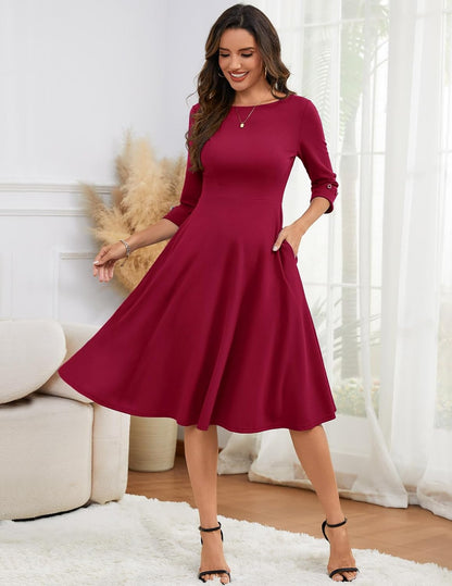 HomRain Women's Fit and Flare Midi Dress-3/4 Sleeve Modest Church Dress Classy Causal Work Dresses with Pockets