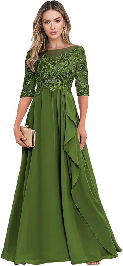 Long Mother of The Bride Dresses for Wedding Guest Half Sleeves Ruffle A Line Evening Party Gown HX012