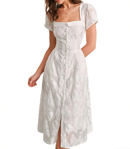 RIHOAS Elegant Casual Dresses for Women Short Sleeve Puff Square Neck A-Line Midi Dress
