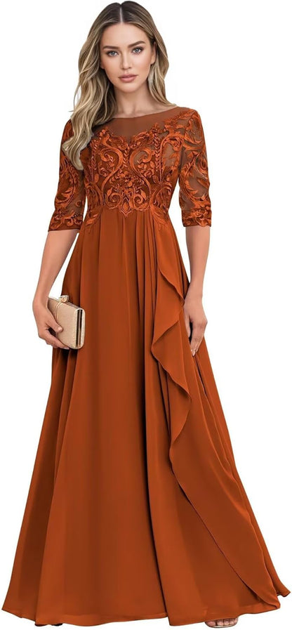 Long Mother of The Bride Dresses for Wedding Guest Half Sleeves Ruffle A Line Evening Party Gown HX012