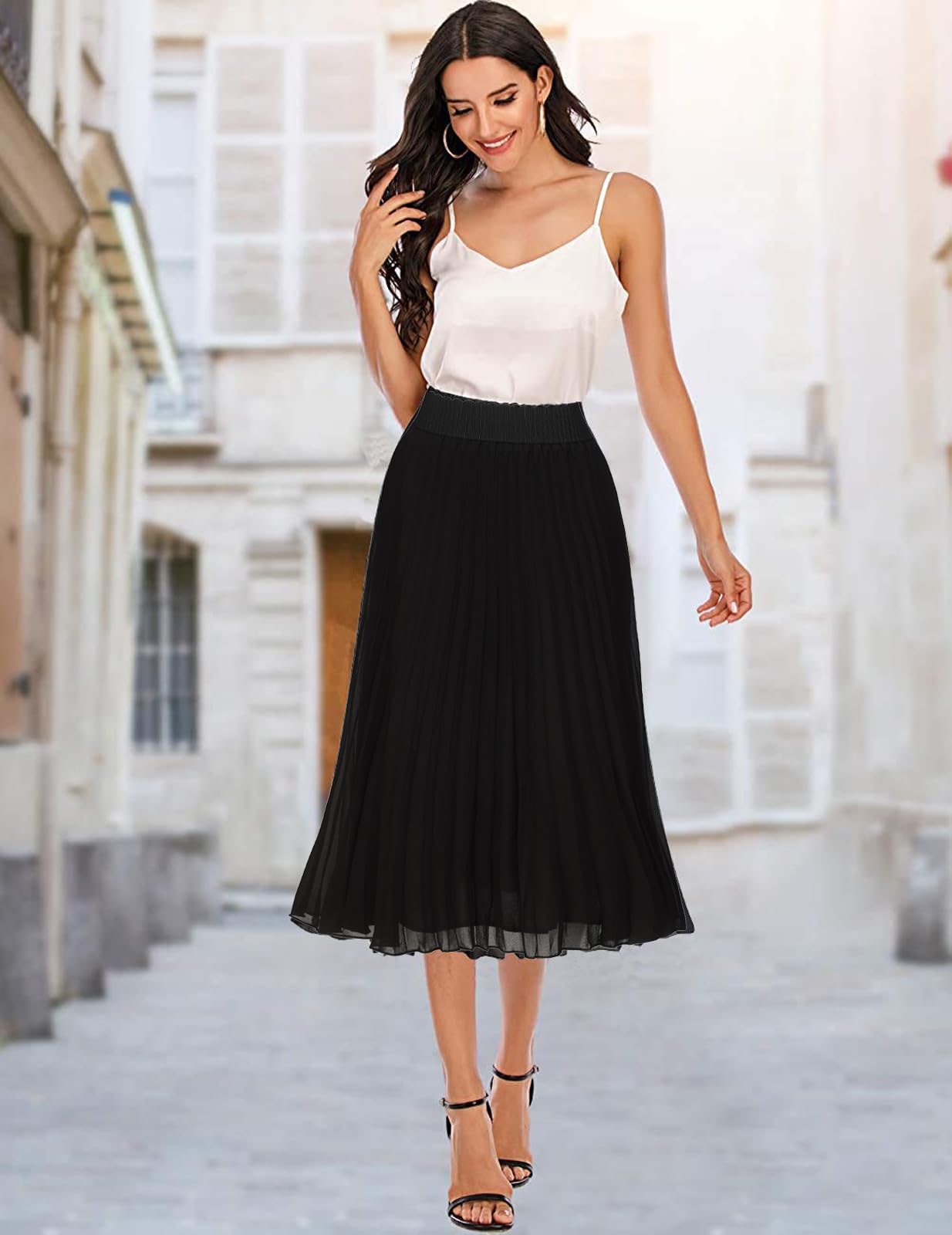 Womens Chiffon High Waist Skirt Pleated A-Line Swing Elastic Shirring Midi Length