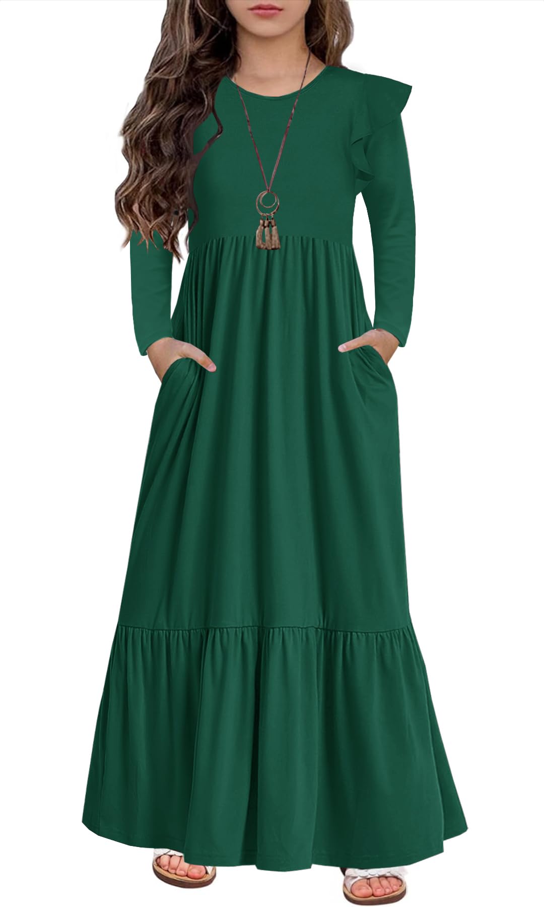 HOSIKA Girls Fall Ruffle Long Sleeve Crew Neck Loose Casual Flowy Tiered Maxi Dress with Pockets for 6-12 Y