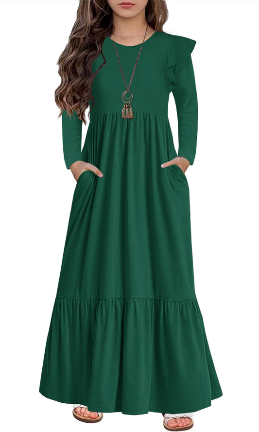 HOSIKA Girls Fall Ruffle Long Sleeve Crew Neck Loose Casual Flowy Tiered Maxi Dress with Pockets for 6-12 Y