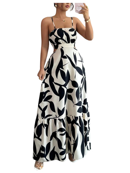 OYOANGLE Women's Cut Out Floral Print Tropical Maxi Cami Dress Ruffle Flowy Summer Vacation Spaghetti Strap Sundress