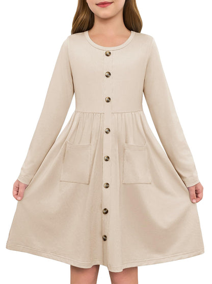Girls Dresses Kids Button Down Midi Long Sleeve Casual A Line Dress with Pockets 4-14 Years