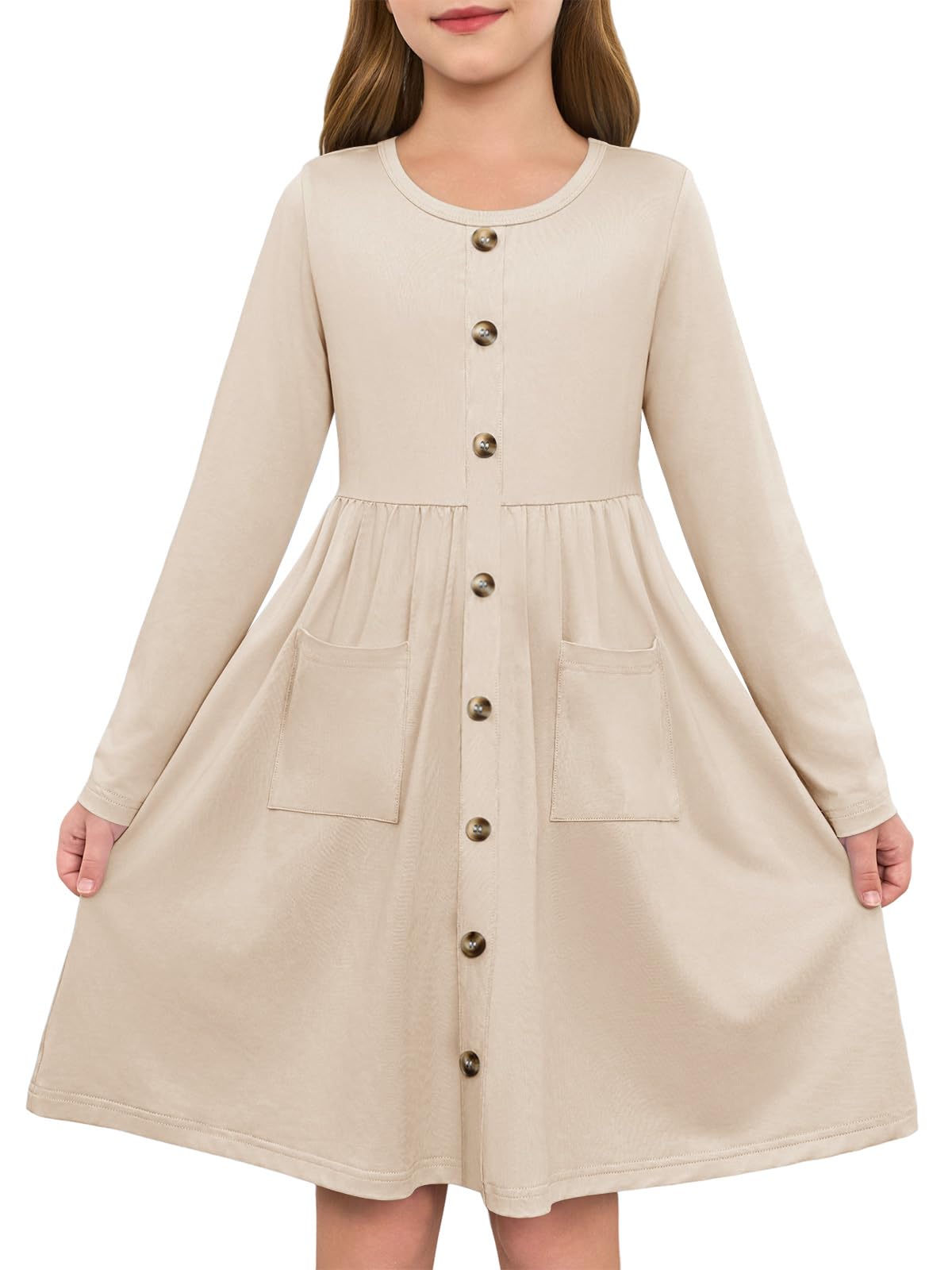 Girls Dresses Kids Button Down Midi Long Sleeve Casual A Line Dress with Pockets 4-14 Years