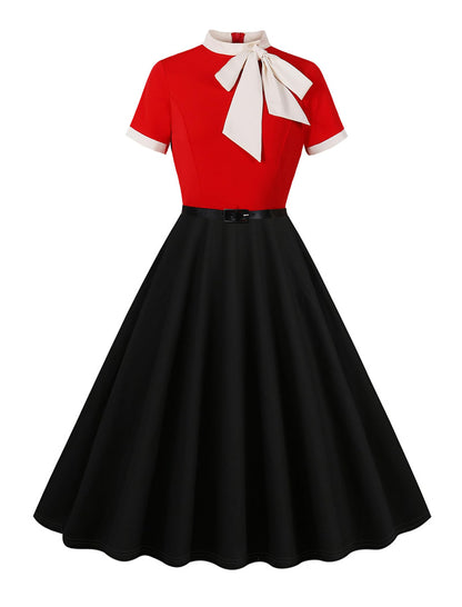 50s Style Dresses for Women Vintage Short Sleeve Tie Neck Swing Dress Midi Prom Dress with Belt