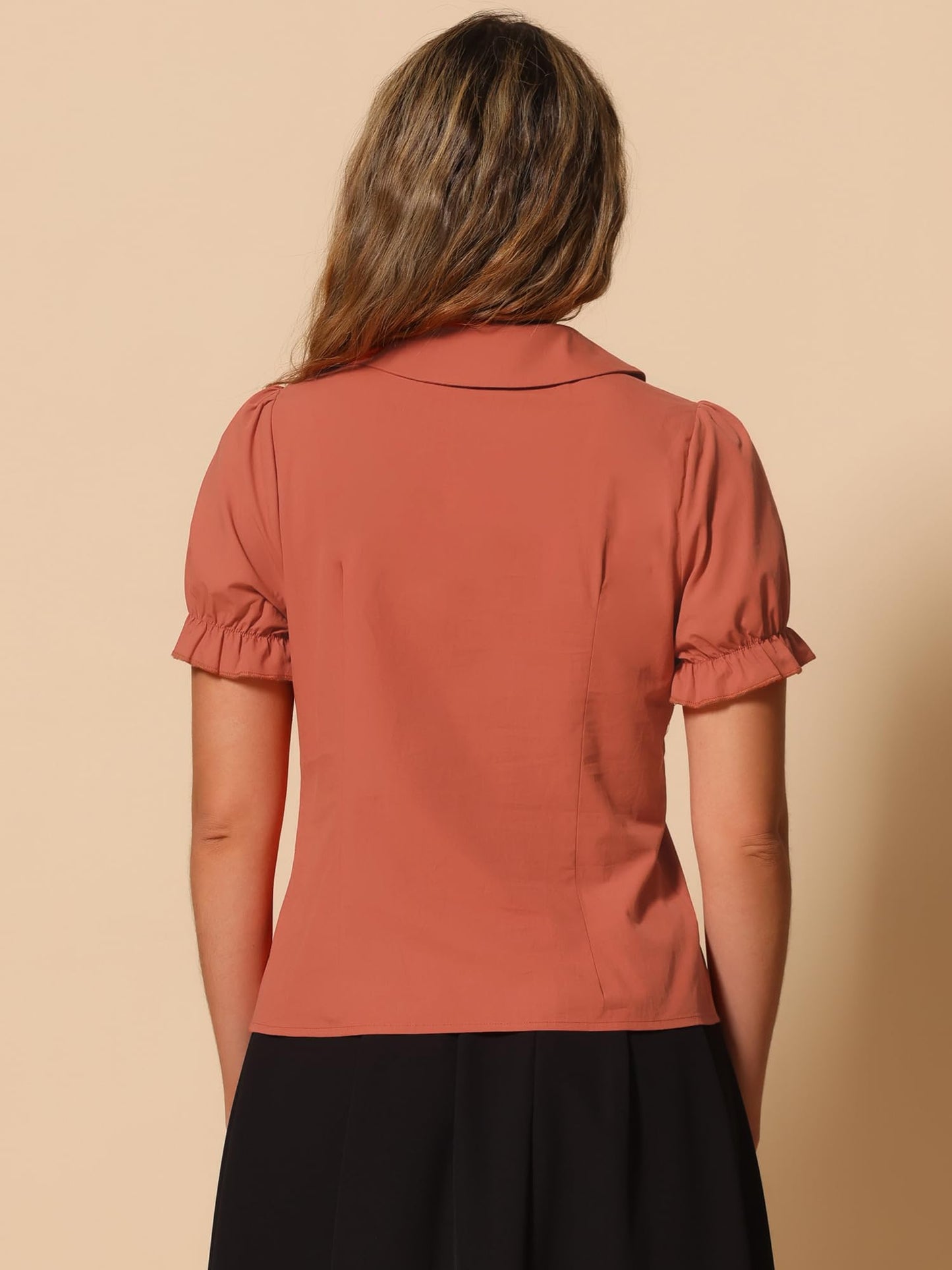 Allegra K Women's Vintage Peter Pan Collar Tie Neck Casual Cute Cotton Button-Up Shirt