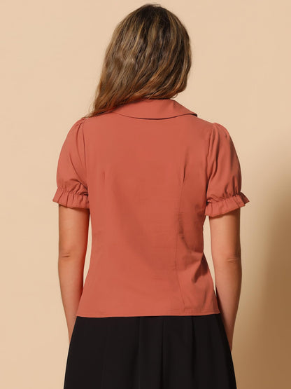 Allegra K Women's Vintage Peter Pan Collar Tie Neck Casual Cute Cotton Button-Up Shirt