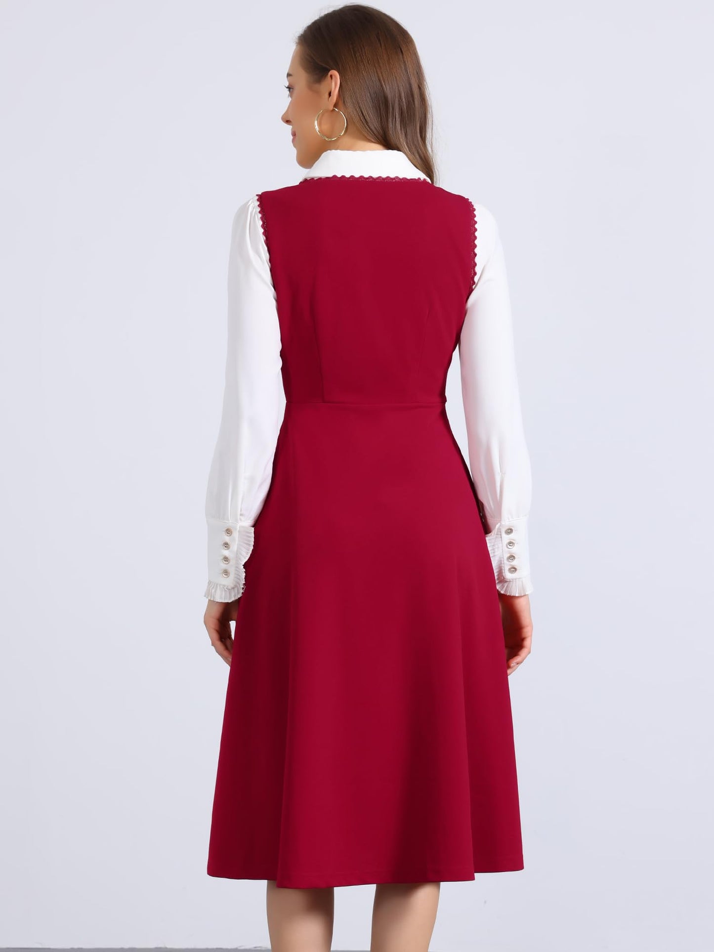Allegra K Vintage Pinafore Dress for Women's 1950s Lace Trrim Midi Overall Dress with Pockets