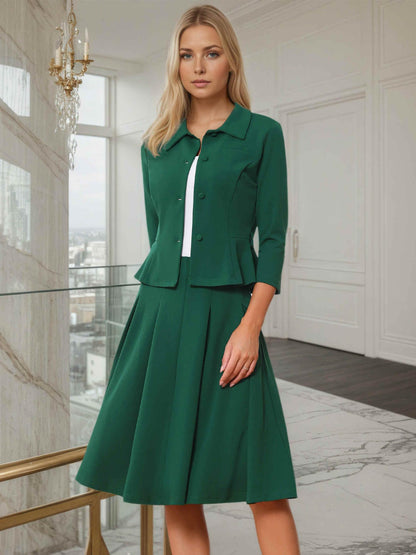 Allegra K Business Skirt Suit Sets for Women's 2 Piece Outfits Office 3/4 Sleeve Blazer Jacket Pleated Skirts