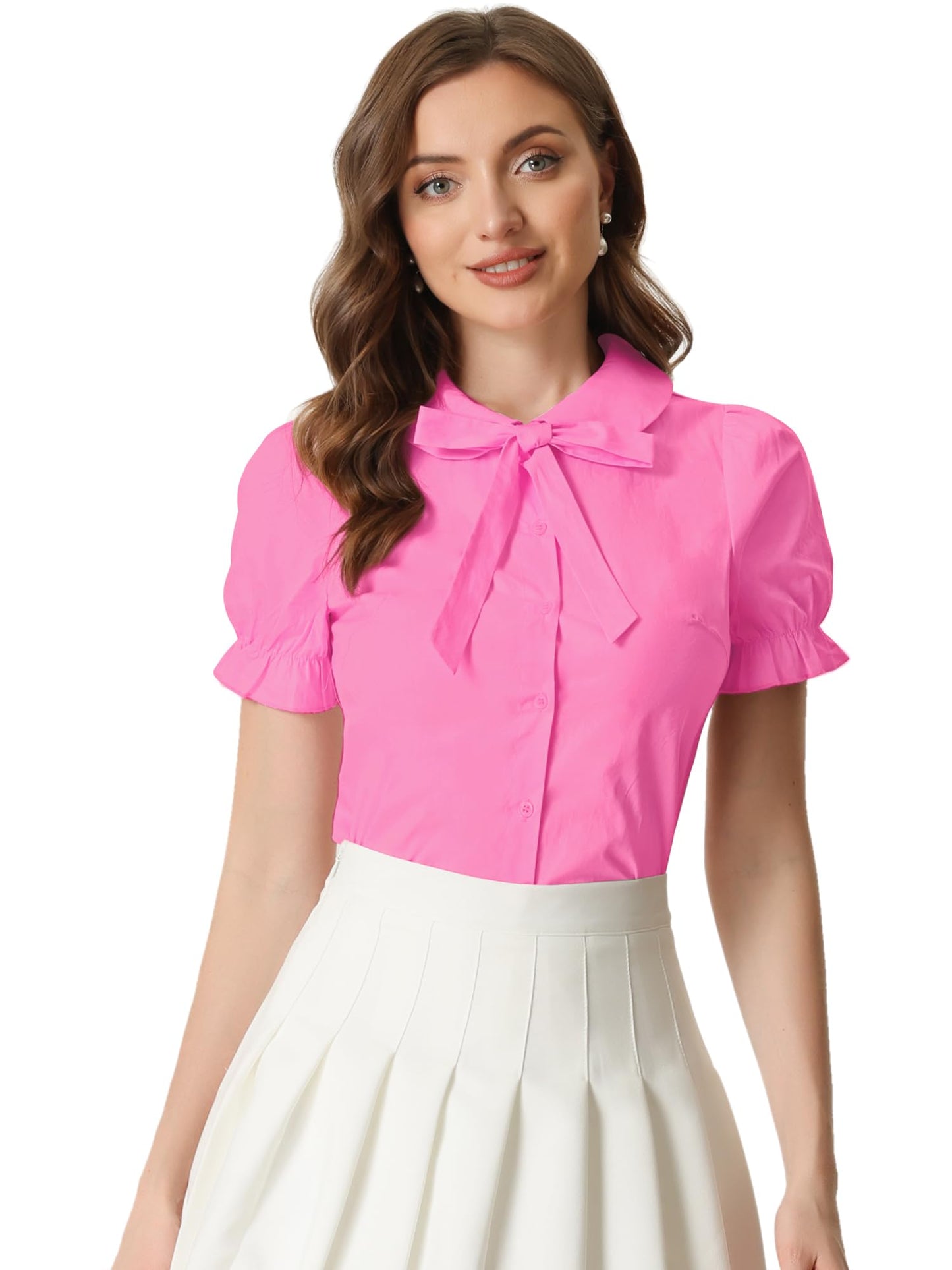Allegra K Women's Vintage Peter Pan Collar Tie Neck Casual Cute Cotton Button-Up Shirt