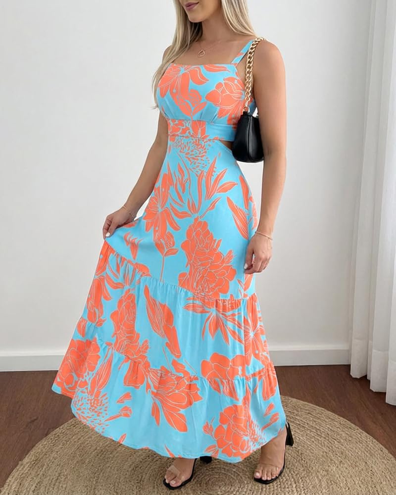 CHICME Summer Dresses for Women 2026 Sleeveless Casual Boho Maxi Dress Square Neck Cut Out Floral A Line Dress