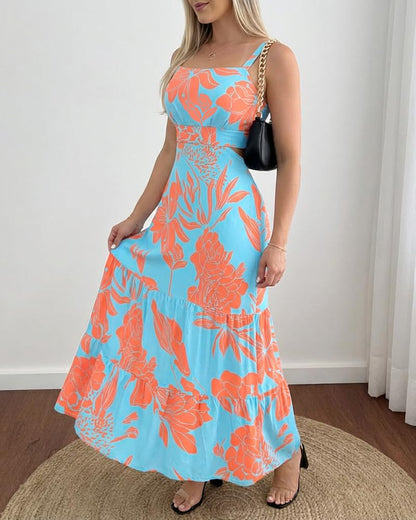 CHICME Summer Dresses for Women 2026 Sleeveless Casual Boho Maxi Dress Square Neck Cut Out Floral A Line Dress