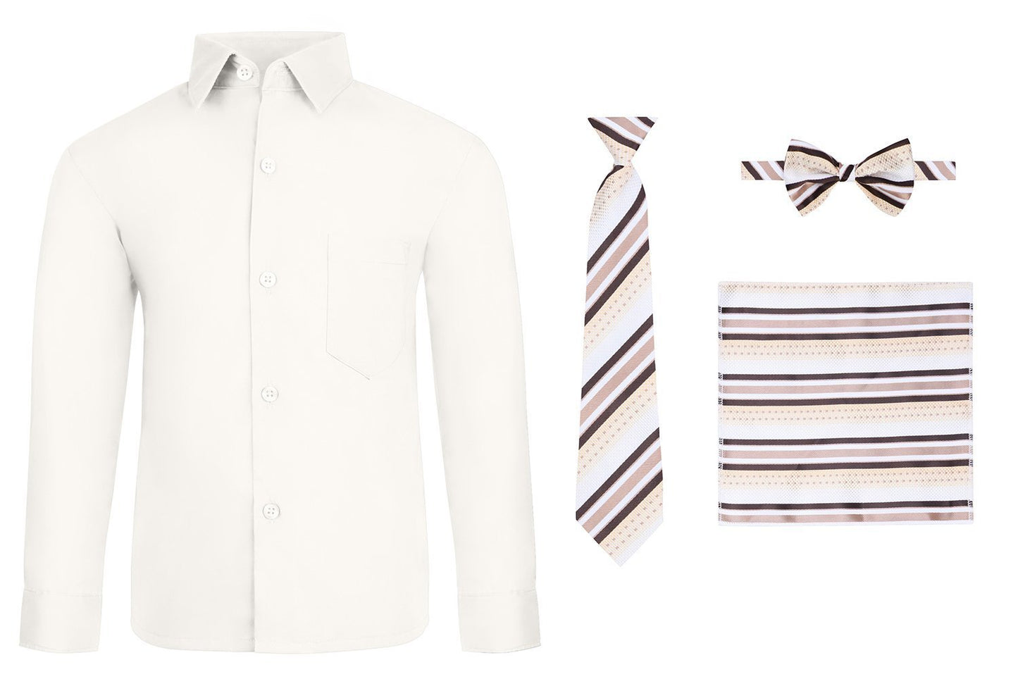 S.H. Churchill & Co. Boy's 4 Piece Dress Shirt Set with Long Tie, Bow Tie and Hanky