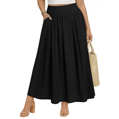 Plus Size Maxi Skirt for Curvy Women Pockets 2026 Ankle Length High Waisted Pleated Flowy a Line Summer Long Skirt
