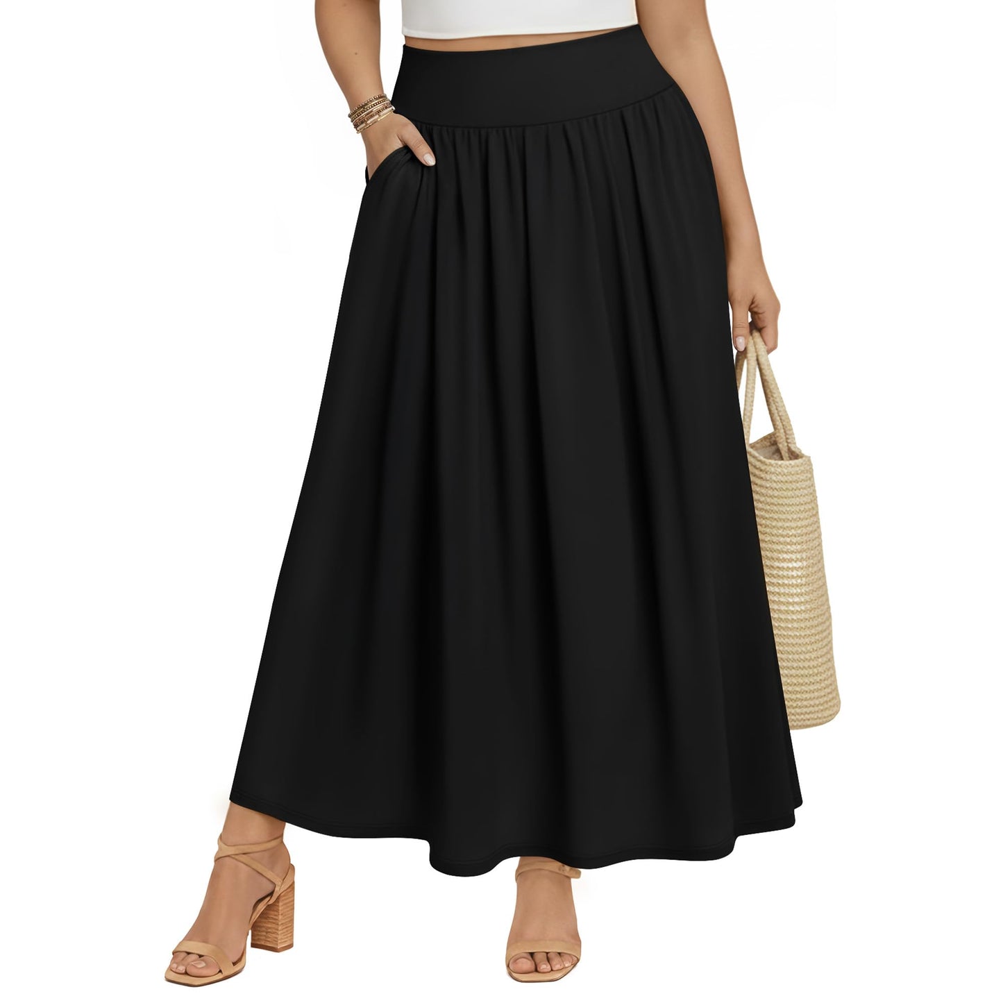 Plus Size Maxi Skirt for Curvy Women Pockets 2026 Ankle Length High Waisted Pleated Flowy a Line Summer Long Skirt