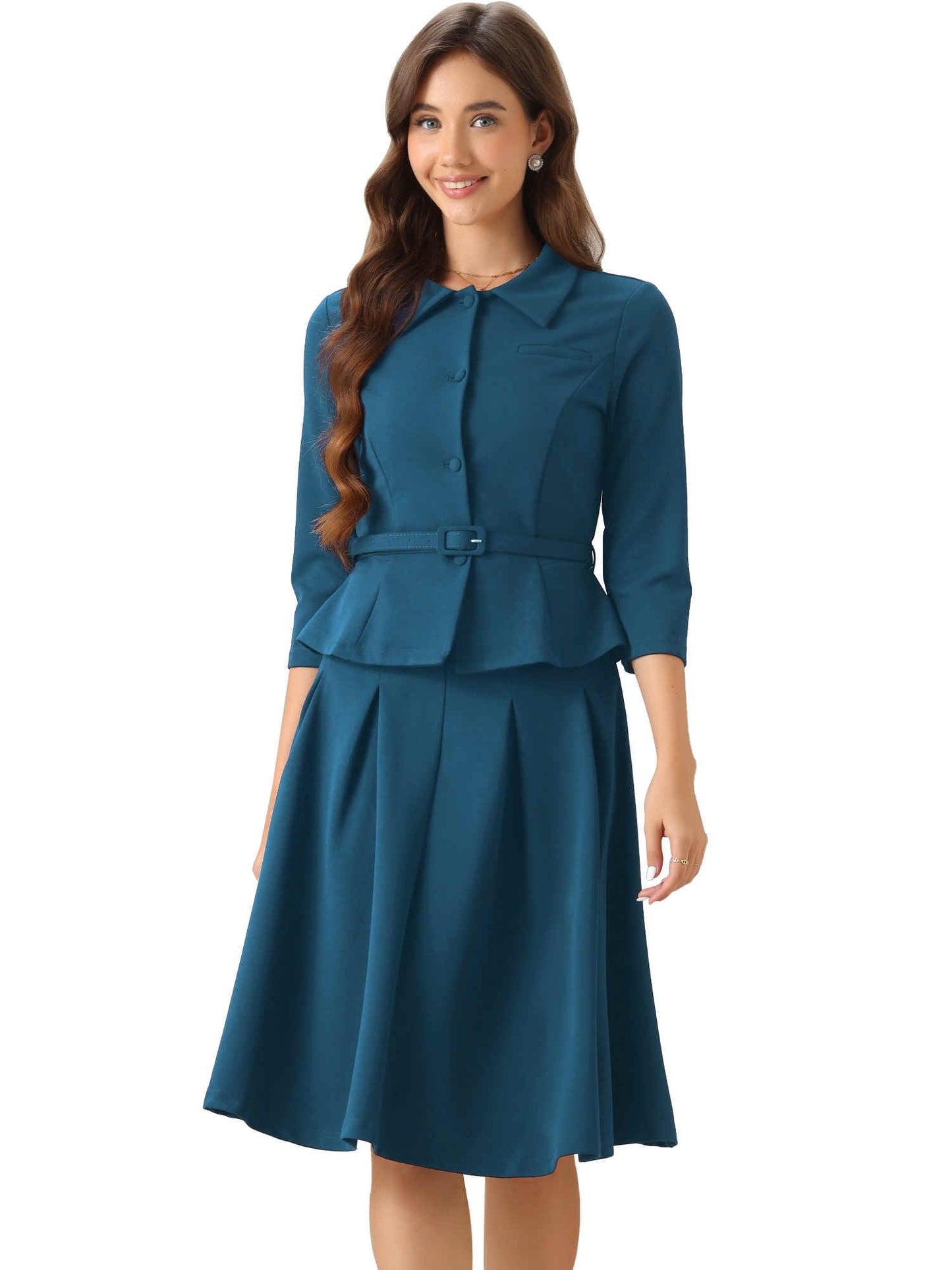 Allegra K Business Skirt Suit Sets for Women's 2 Piece Outfits Office 3/4 Sleeve Blazer Jacket Pleated Skirts