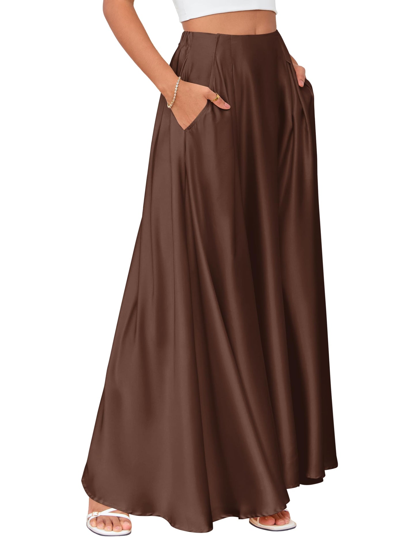 MAKABO Maxi Satin Skirts for Womens High Waisted Flowy Long A line Skirt Trendy for Office Holiday Party