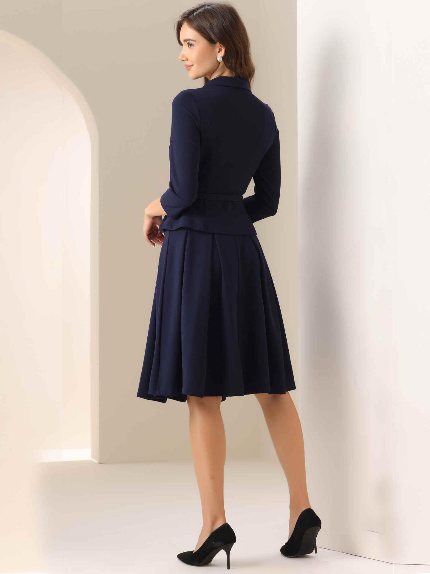 Allegra K Business Skirt Suit Sets for Women's 2 Piece Outfits Office 3/4 Sleeve Blazer Jacket Pleated Skirts