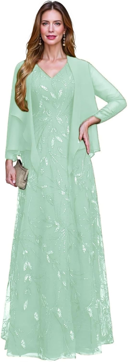 2 Piece Sequin Lace Mother of The Bride Dresses for Women with Jacket V Neck Long Formal Dresses Evening Gown