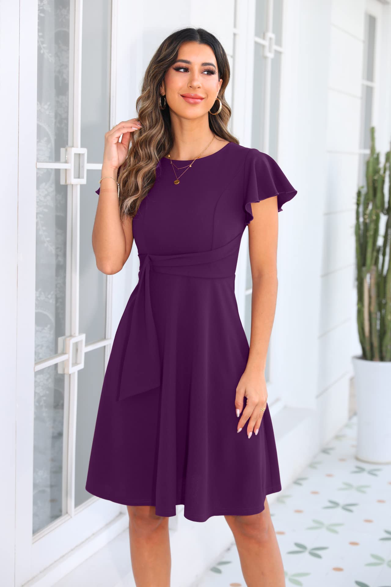 OWIN Womens 2026 Elegant Ruffle Sleeve Flared A Line Swing Casual Party Cocktail Dresses