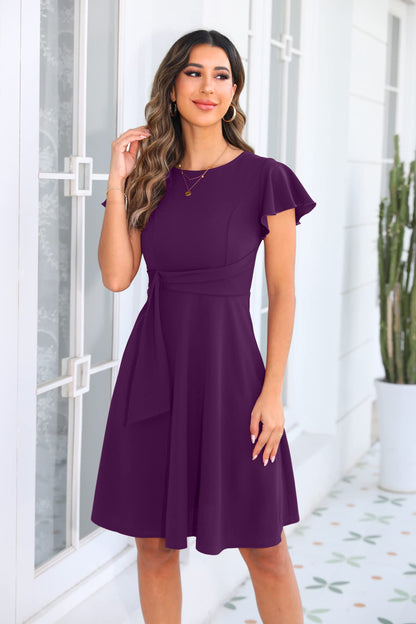 OWIN Womens 2026 Elegant Ruffle Sleeve Flared A Line Swing Casual Party Cocktail Dresses