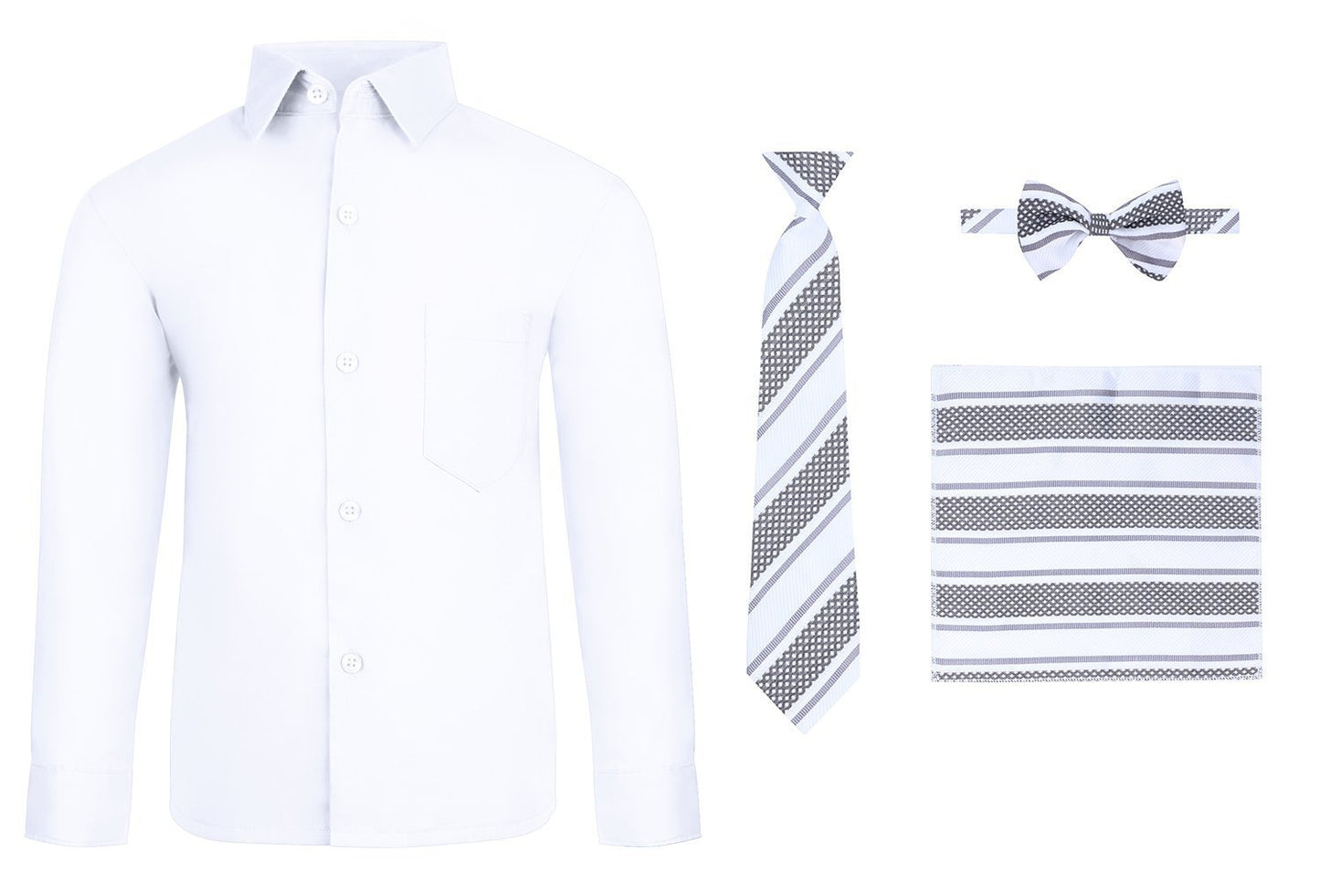 S.H. Churchill & Co. Boy's 4 Piece Dress Shirt Set with Long Tie, Bow Tie and Hanky