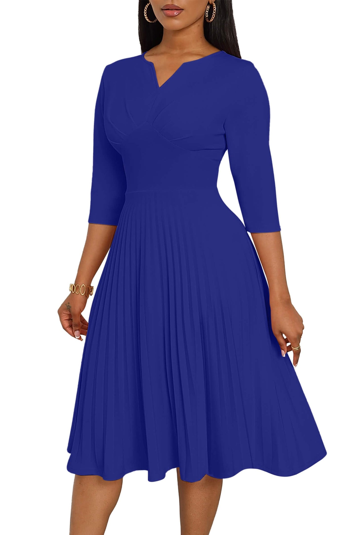 CLOCOR Midi Dresses for Women, 3/4 Sleeve A Line Pleated Casual Dress V Neck Church Cocktail Wedding Guest Dress