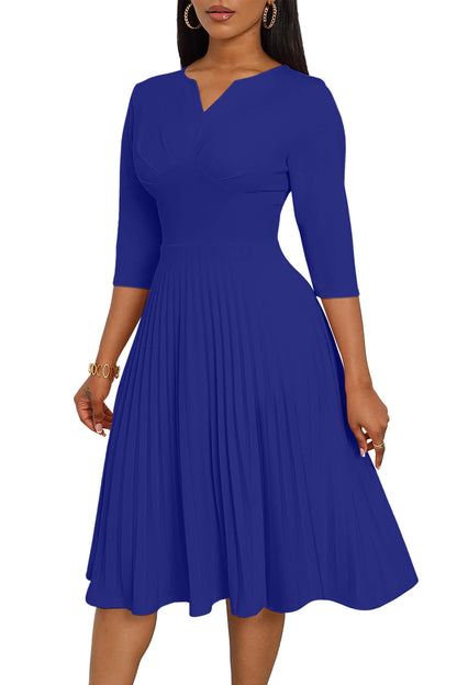 CLOCOR Midi Dresses for Women, 3/4 Sleeve A Line Pleated Casual Dress V Neck Church Cocktail Wedding Guest Dress