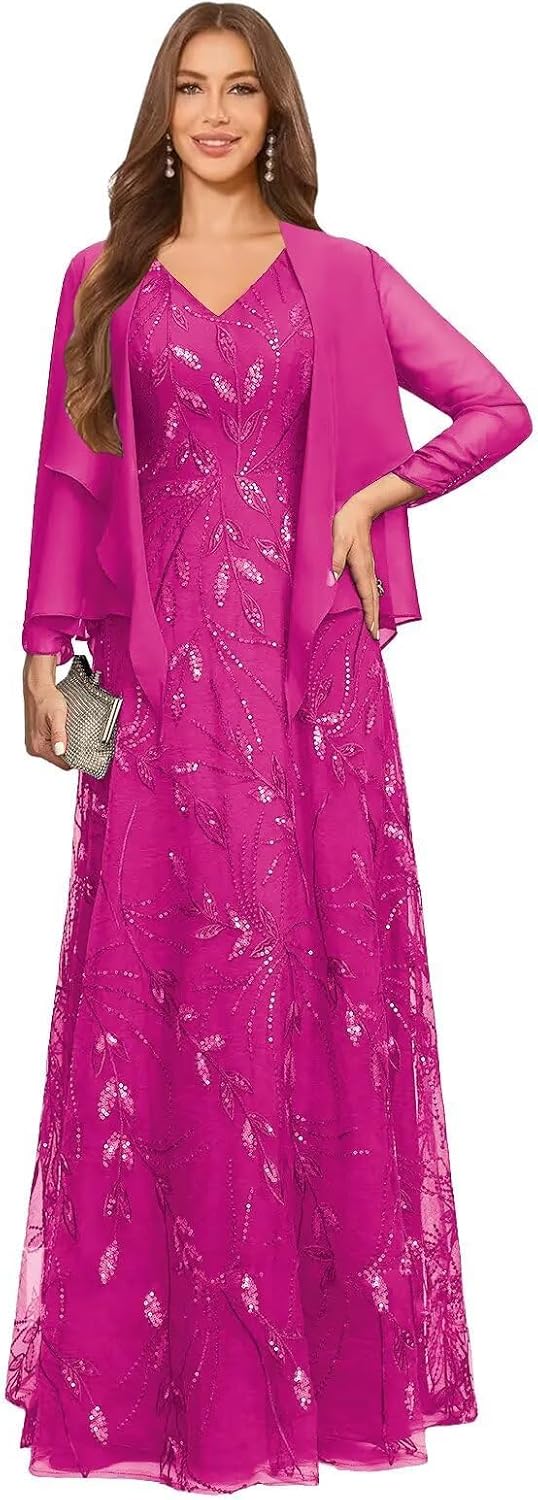 2 Piece Sequin Lace Mother of The Bride Dresses for Women with Jacket V Neck Long Formal Dresses Evening Gown
