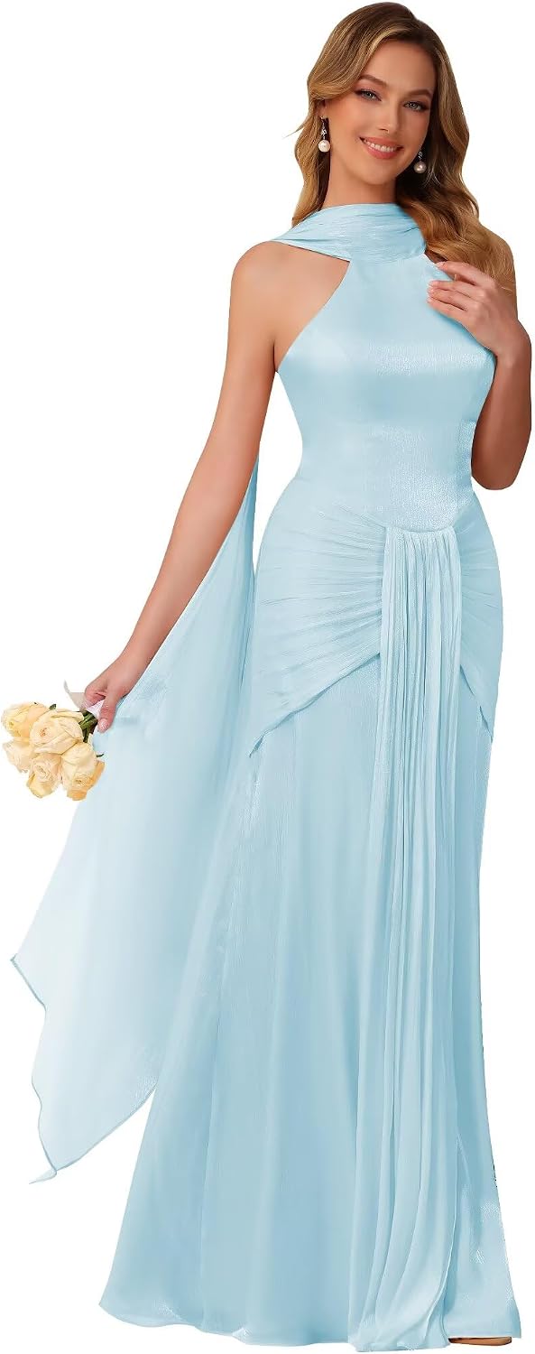 Halter Bridesmaid Dresses Long with Scarf Shimmer Chiffon Formal Dress Pleated Mermaid Evening Gowns for Women