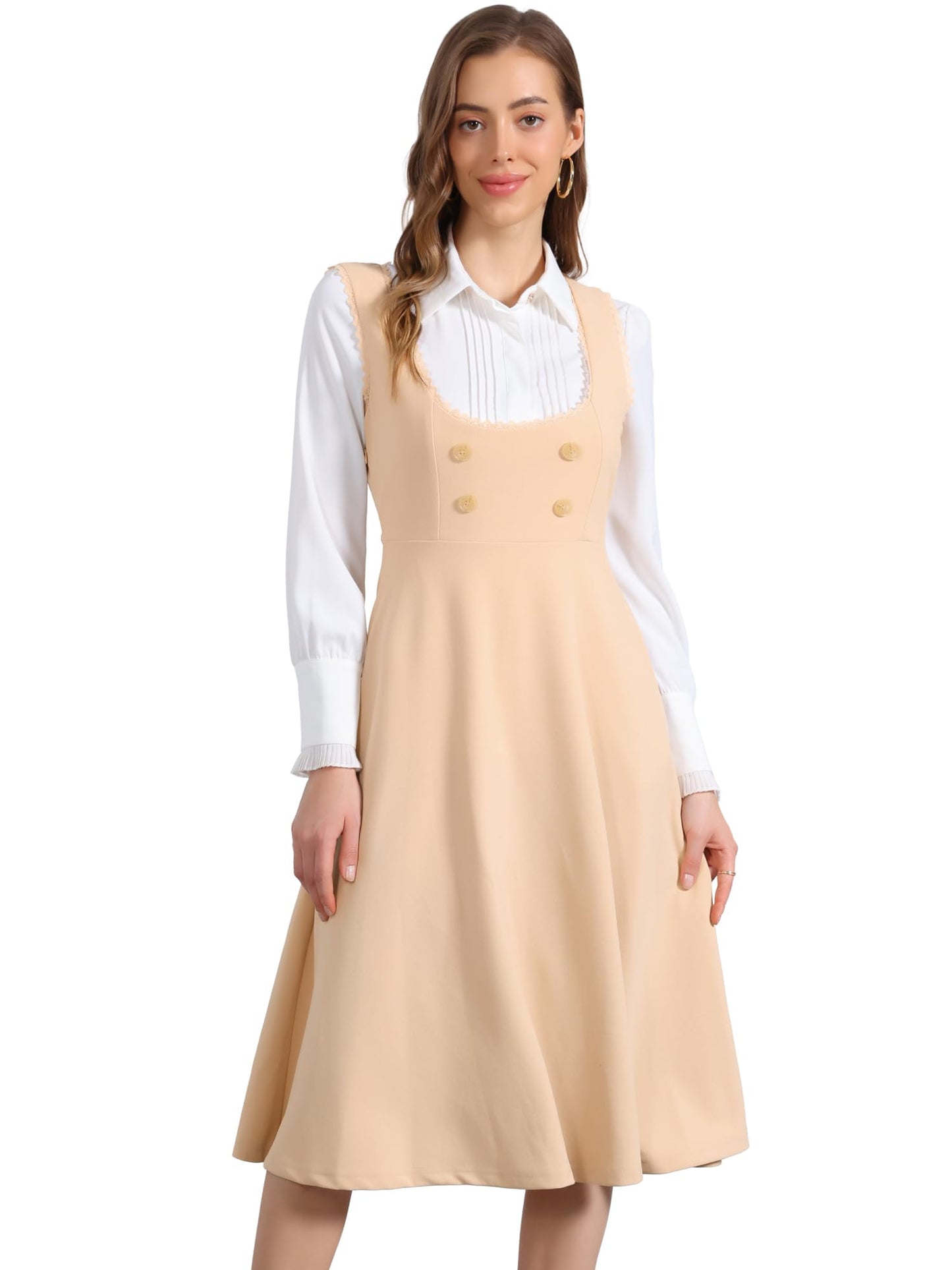 Allegra K Vintage Pinafore Dress for Women's 1950s Lace Trrim Midi Overall Dress with Pockets