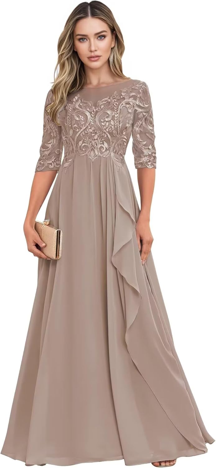 Long Mother of The Bride Dresses for Wedding Guest Half Sleeves Ruffle A Line Evening Party Gown HX012