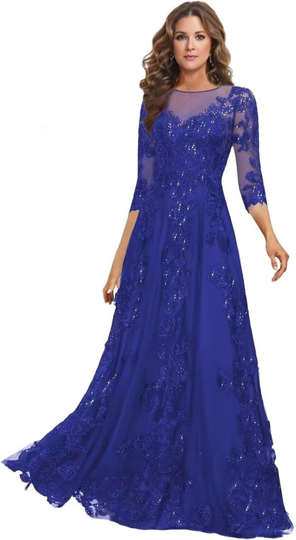 Lace Mother of the Bride Dress Long for Wedding Party Guest 3/4 Sleeves Formal Evening Gown JH028
